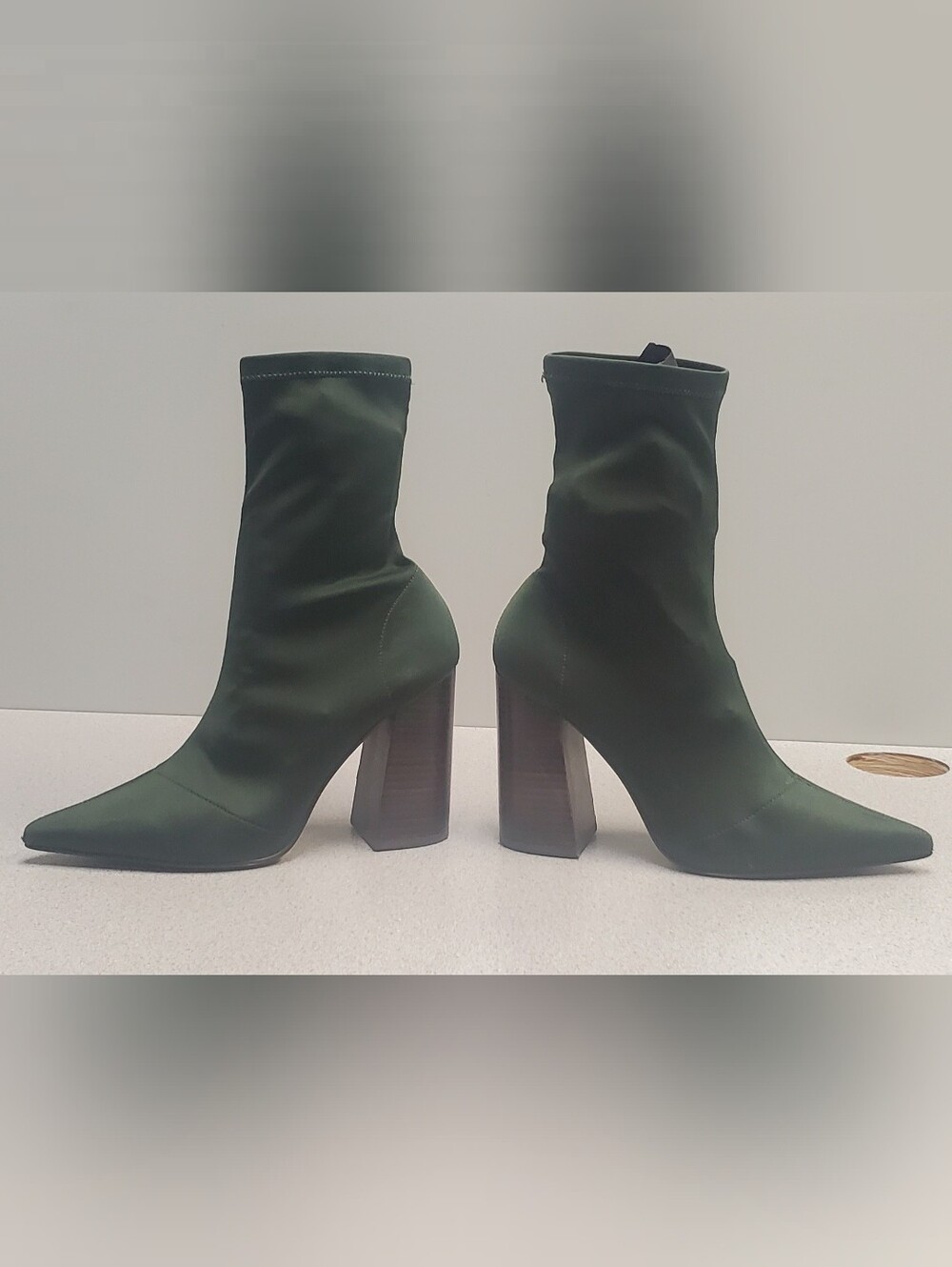 Women’s Dark Green Sock Booties with Block Heel